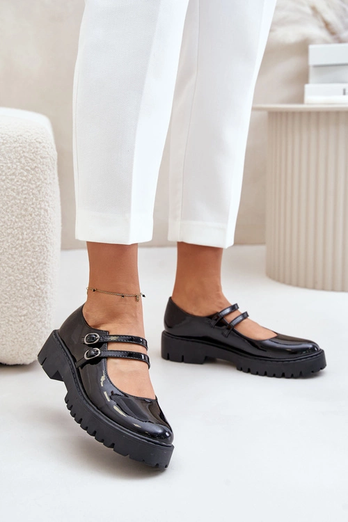 Lakierowane Damskie Półbuty Z Paskami Czarne Rialuna