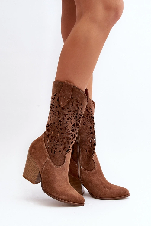 Zazoo 3414 Damskie Ażurowe Botki Na Słupku Zamszowe Brązowe