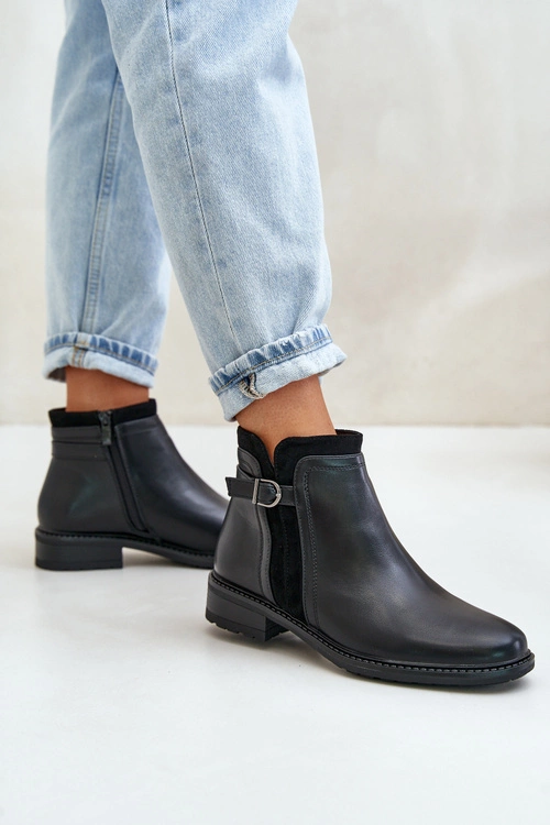 Ocieplane Botki Damskie Z Niską Cholewką Na Zamek Eko Skórzane Czarne Taitha