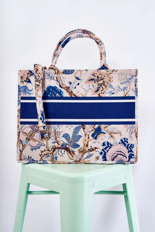 Duża Klasyczna Torebka W Print Beżowo-Niebieska Micola