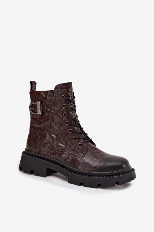 Skórzane Botki Damskie Z Efektem Marszczenia I Klamrą Artiker 57C1007 Czekoladowe