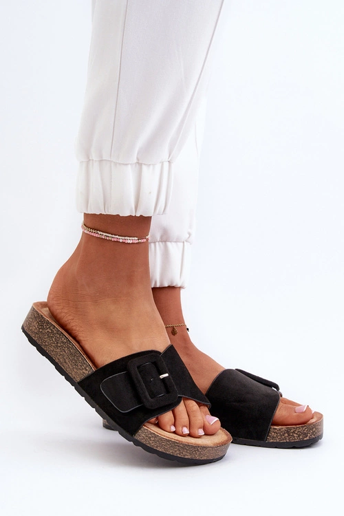 Klapki Damskie Z Klamrą Eko Zamszowe Czarne Laeltia