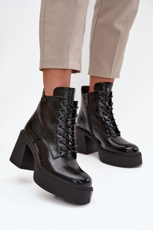 Lakierowane Skórzane Botki Damskie Na Platformie I Słupku Vinceza 66817 Czarne