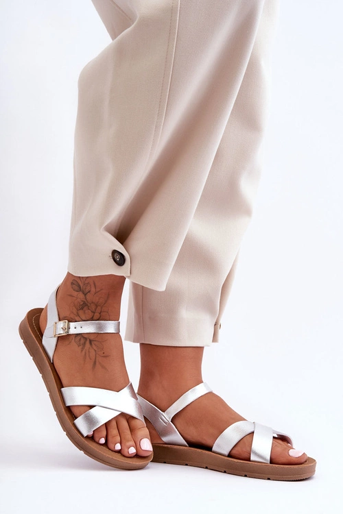 Klasyczne Skórzane Sandały Damskie Srebrne Talisma