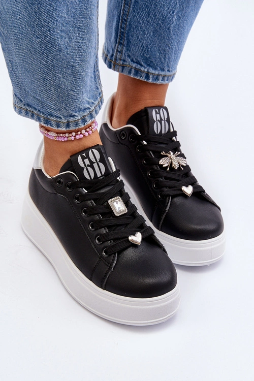 Sneakersy Damskie Na Platformie Z Ozdobami Czarne Herbisa