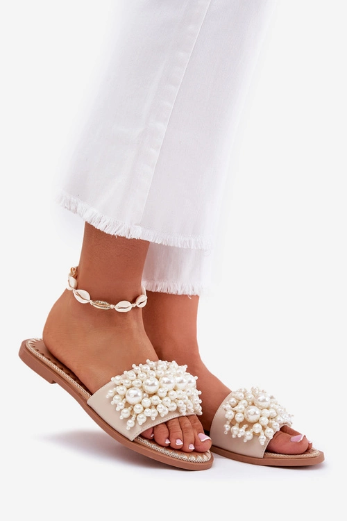 Klapki Damskie Płaskie Z Ozdobnymi Koralikami Beżowe Aricca