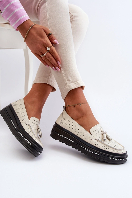 Skórzane Mokasyny Damskie Na Platformie Beżowe Assetnima