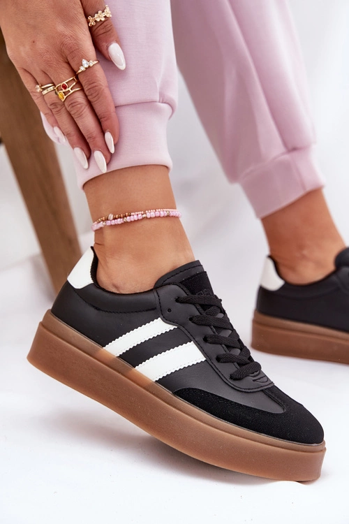 Sneakersy Damskie Na Platformie Z Eko Skóry Czarne Elaraven