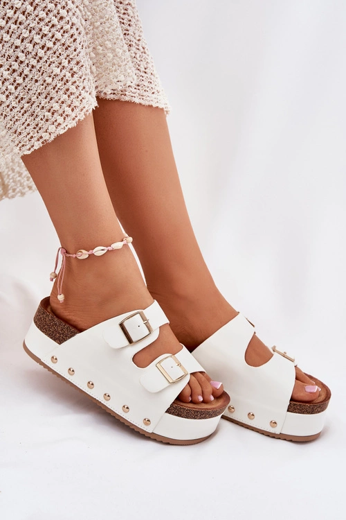 Klapki Damskie Z Klamrami Na Masywnej Platformie Białe Odisene