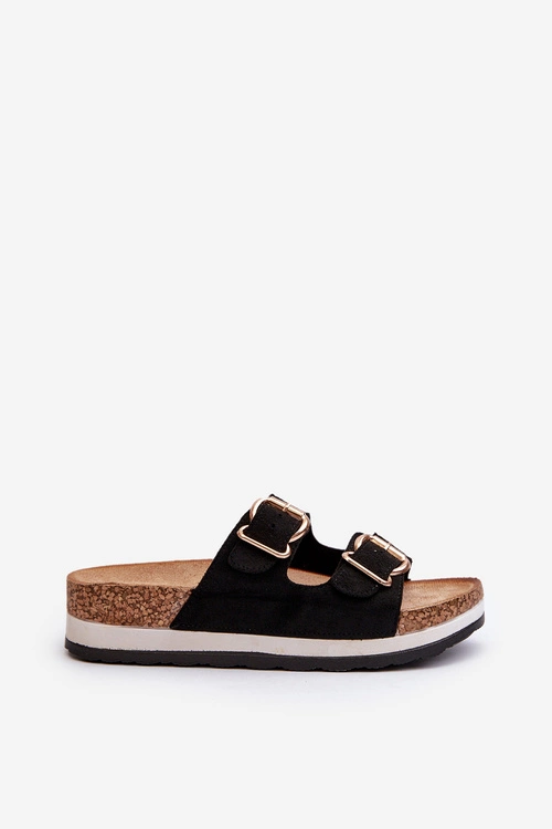 Klapki Damskie Na Platformie Z Klamrami Eko Zamszowe Czarne Ursila