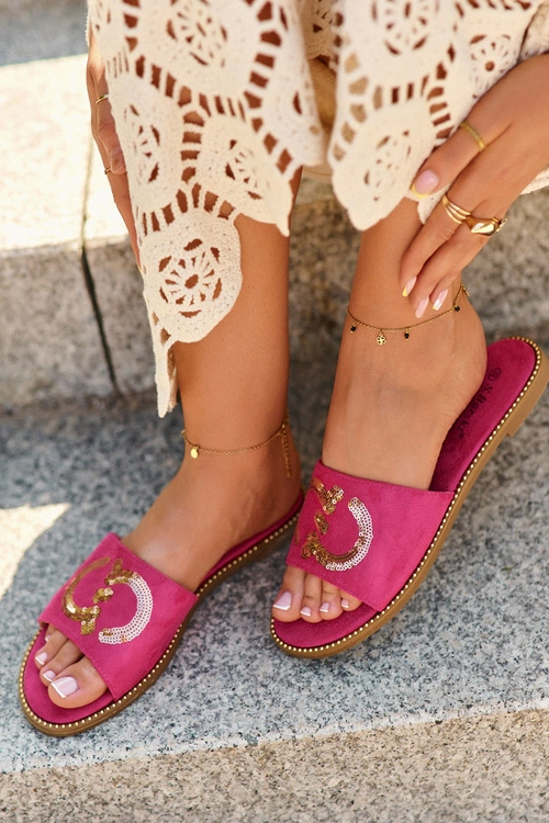 Damskie Płaskie Klapki Z Cekinami S.Barski KV27-052 Fuksja