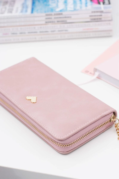 Damski Różowy Duży Portfel Brelok Złote Serce
