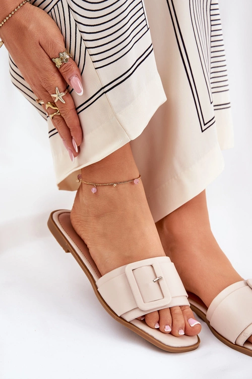 Płaskie Klapki Damskie Eko Skórzane Z Klamrą Beżowe Bamma