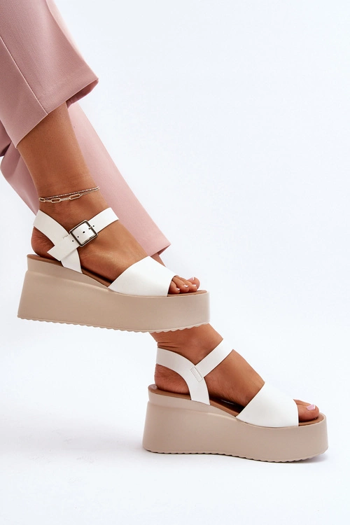 Damskie Sandały Na Koturnie Białe Geferia