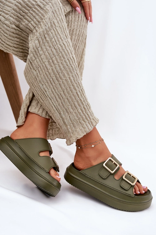 Klapki Damskie Na Platformie Ze Złotymi Klamrami Zielone Zorila