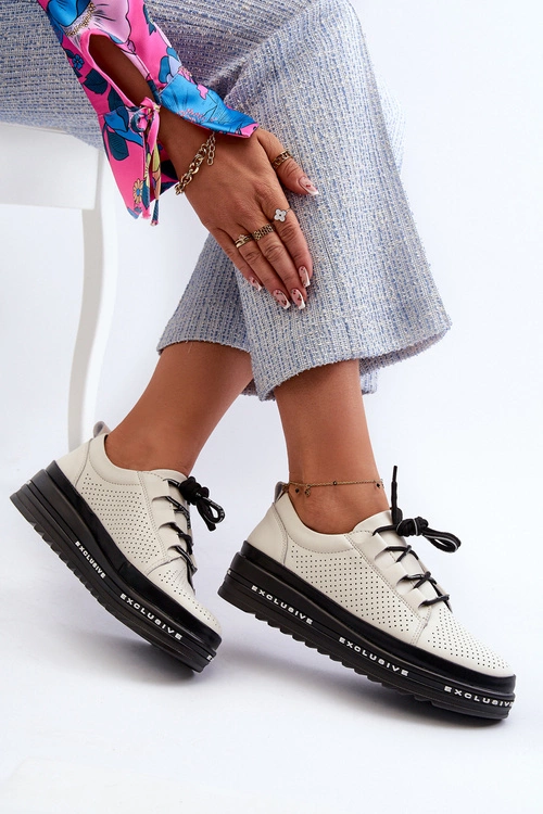 Skórzane Półbuty Damskie Na Platformie S.Barski LR769A Beżowe