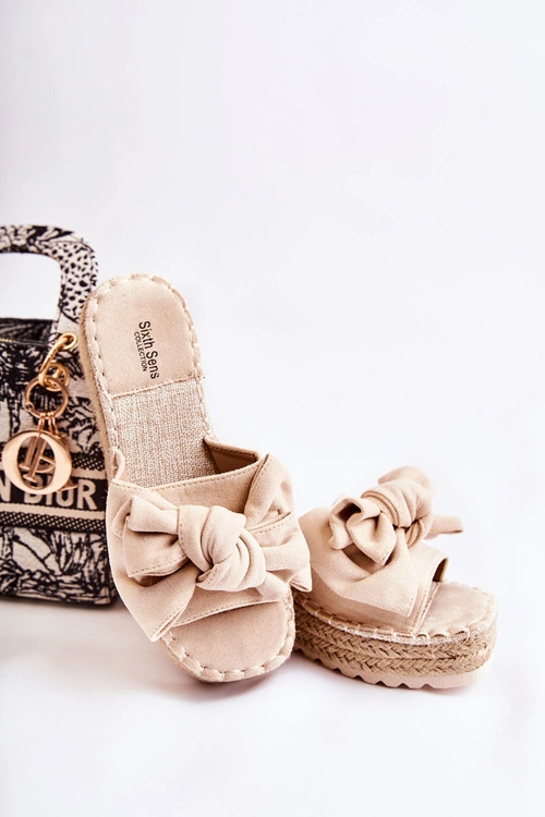 Damskie Klapki Na Koturnie Z Kokardą Beżowe Tayla