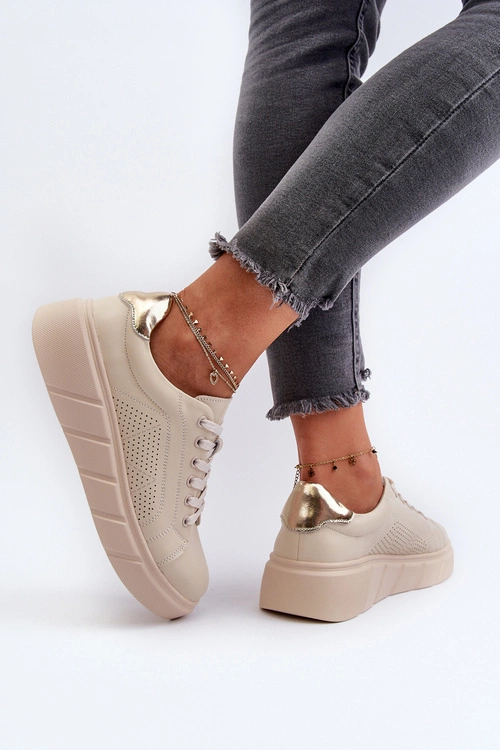 Damskie Skórzane Sneakersy Na Platformie Beżowe Gatira