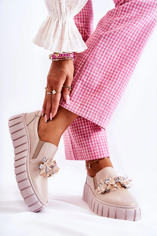 Damskie Skórzane Tenisówki Slip-On Z Ozdobą Beżowe Mirana