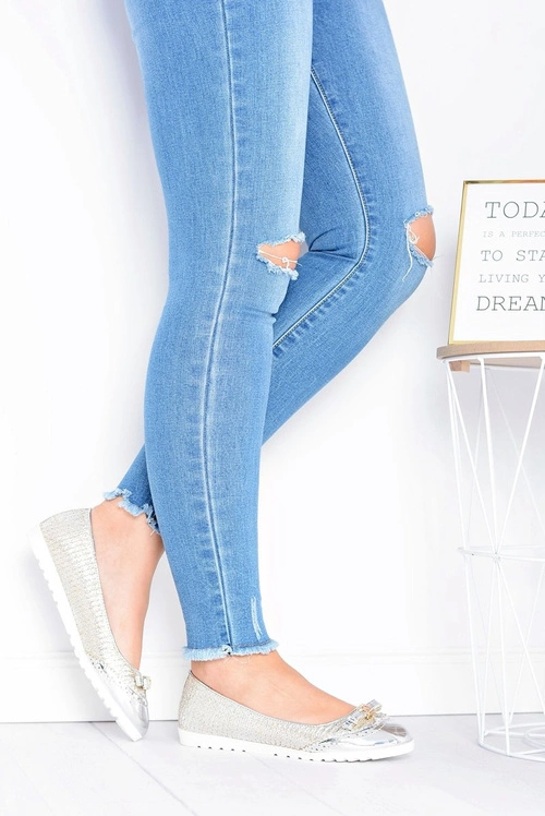 Damskie Srebrne Wsuwane Balerinki Z Kokardką Cleoss