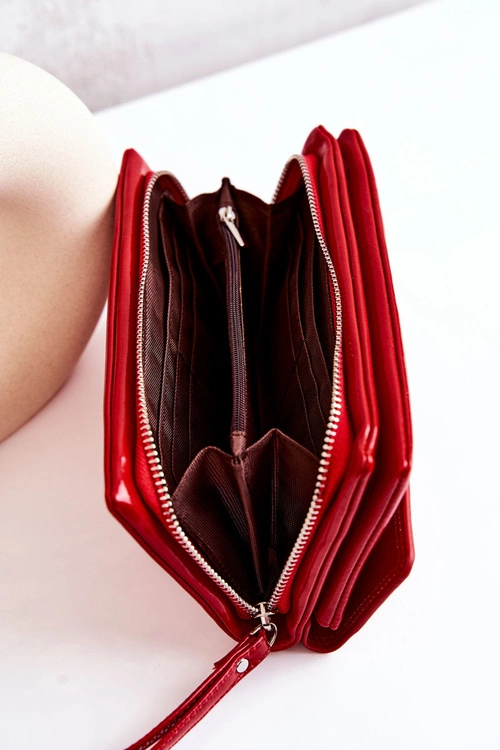 Duży Skórzany Portfel Na Suwak Czerwony Loreaine