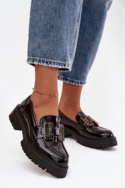 Mokasyny Damskie Lakierowane Z Ozdobą Czarne Ysandra