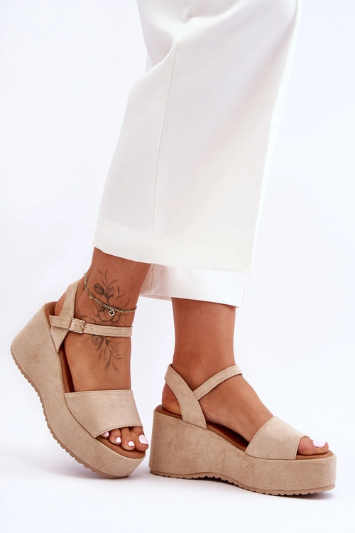 Damskie Zamszowe Sandałki Na Koturnie Beżowe Lydia