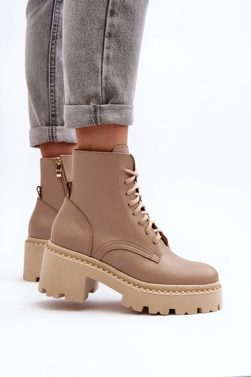 Zazoo 3413 Damskie Skórzane Botki Workery Na Masywnym Obcasie Beżowe
