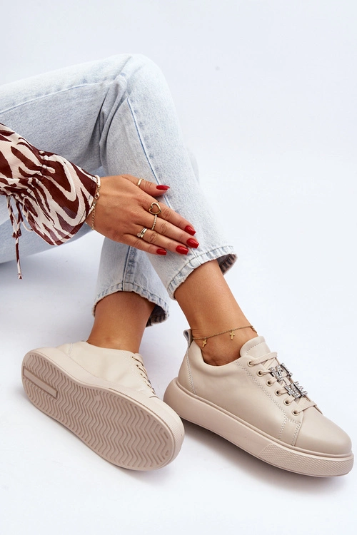 Damskie Sneakersy Skórzane Z Ozdobami Beżowe Dysuria