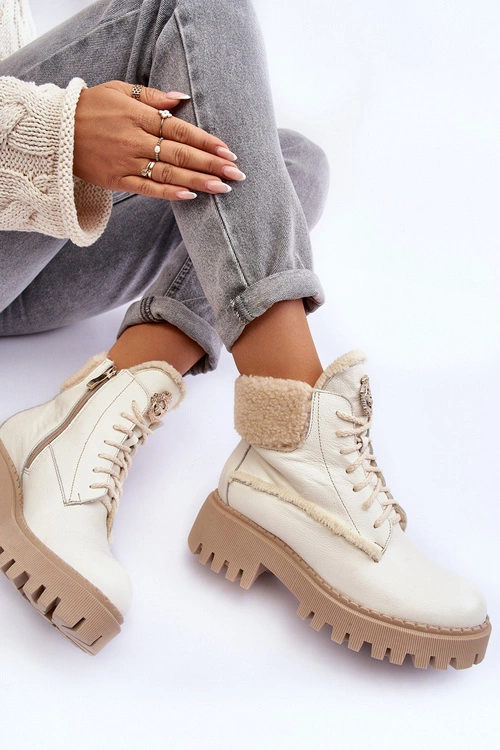 Damskie Skórzane Trapery Botki Kremowe Lemar Vergo