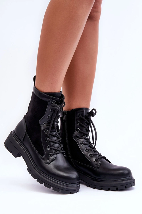 Damskie Workery Botki Skórzane Czarne Faustina