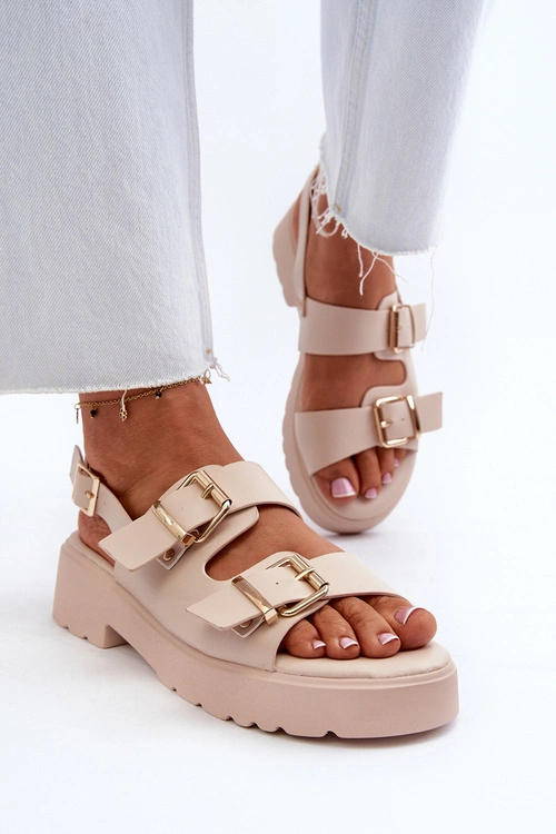 Sandały Damskie Z Klamrami Eko Skórzane Beżowe Konanttia