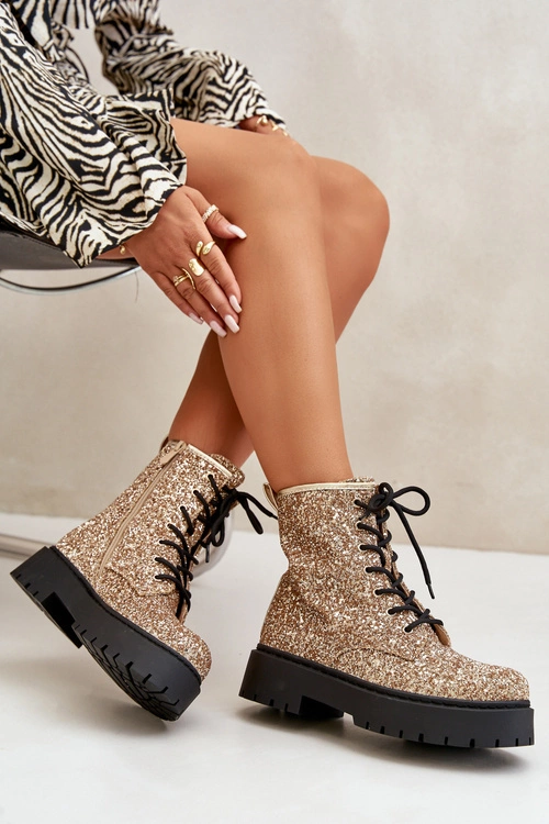 Ocieplane Botki Workery Damskie Ozdobione Cekinami Złote Liatheine