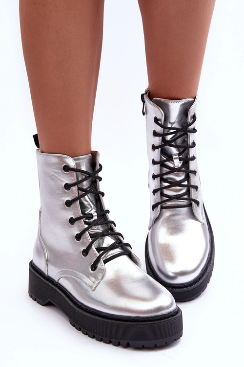 Skórzane Metaliczne Botki Workery Srebrne Teflorna
