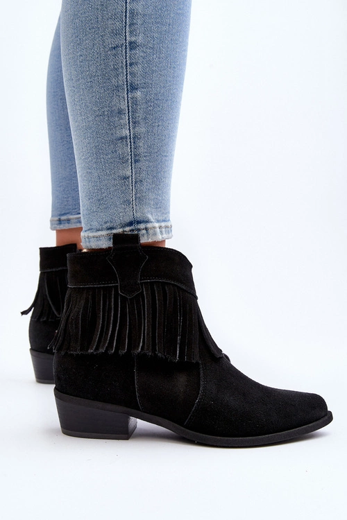 Zazoo 3430 Zamszowe Botki Damskie Z Frędzlami Czarne