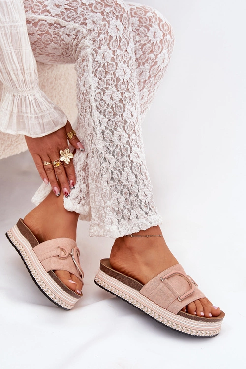 Klapki Damskie Na Platformie Z Ozdobą Różowe Daphira