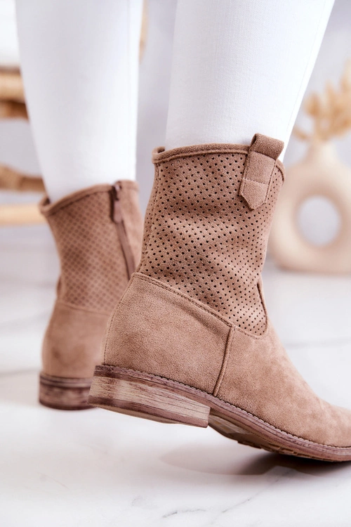 Zamszowe Damskie Ażurowe Botki Beżowe Lemar