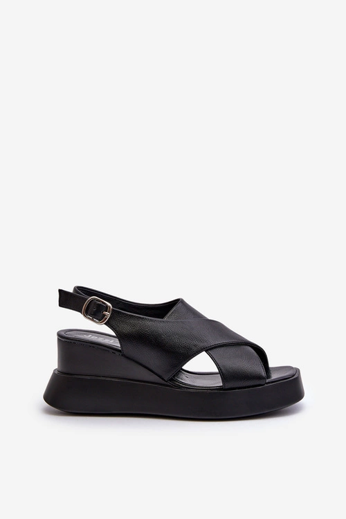 Sandały Damskie Z Eko Skóry Na Platformie I Koturnie Czarne Vaiara