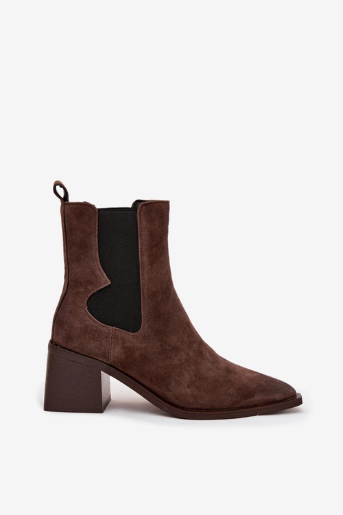 Skórzane Zamszowe Botki Damskie Na Słupku Ocieplane Artiker 57C0047 Brązowe