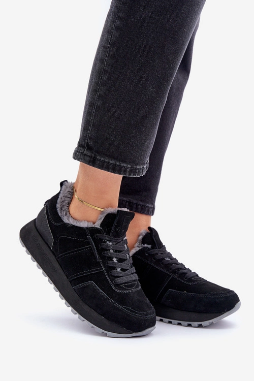 Zamszowe Sneakersy Damskie Z Futerkiem I Błyszczącym Elementem Big Star OO274580 Hi-Poly System Czarne
