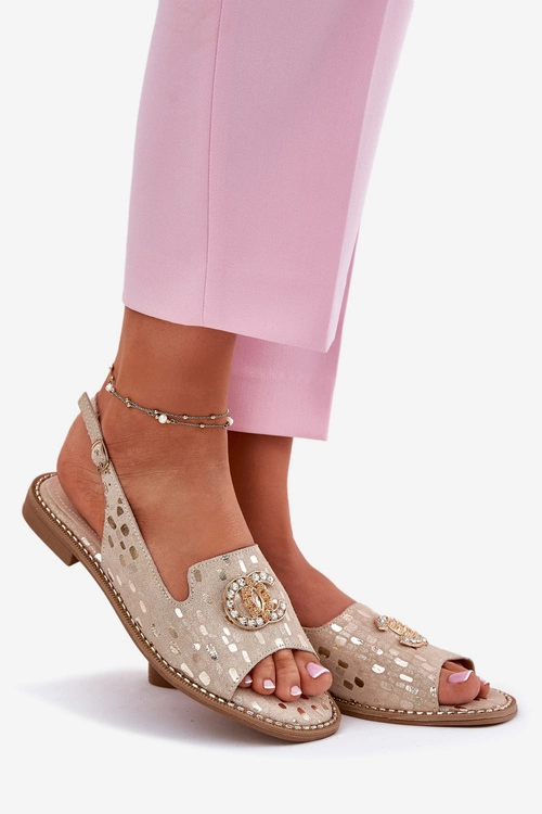 Skórzane Sandały Z Ozdobą Na Płaskim Obcasie S.Barski KV51-096 Złote