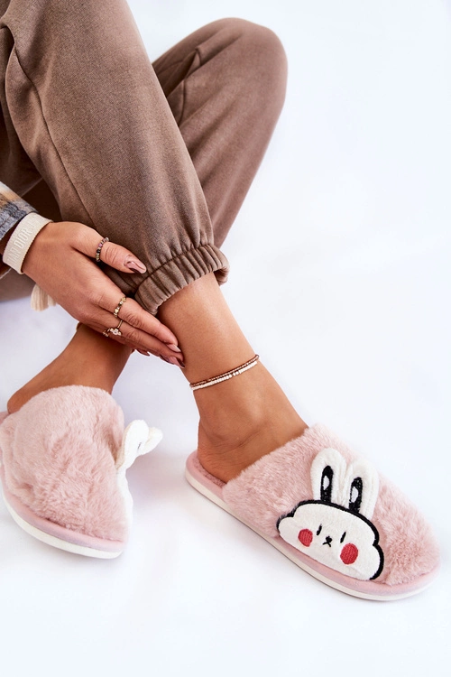 Damskie Futrzane Papcie Z Królikiem Różowe Trisha