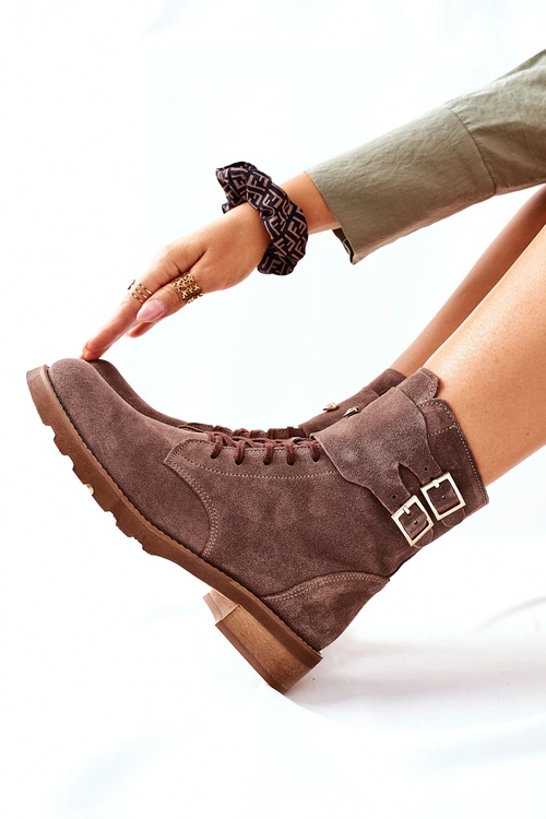 Damskie Skórzane Welurowe Botki Nicole 2682 Brązowe