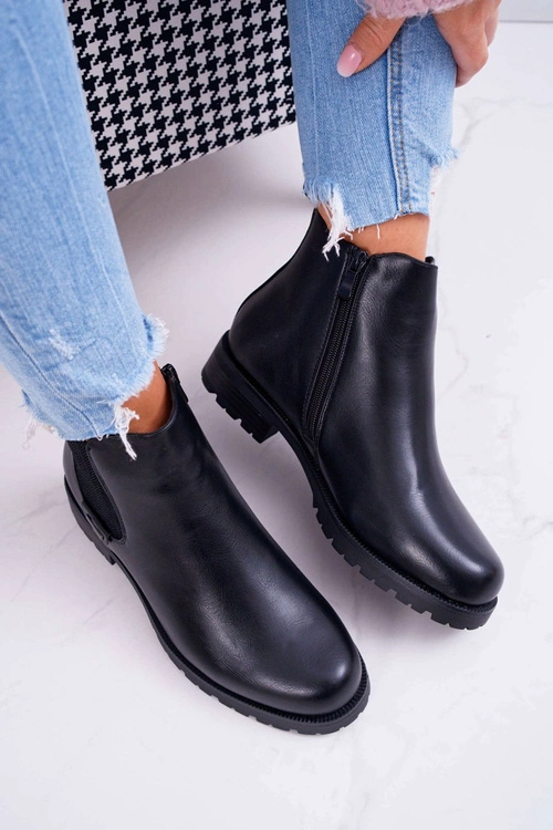 Damskie Botki Płaski Obcas Ocieplane Futerkiem Czarne Hertz