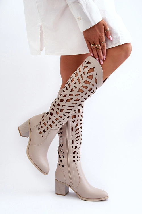 Ażurowe Kozaki Na Obcasie Beżowe Pinkema