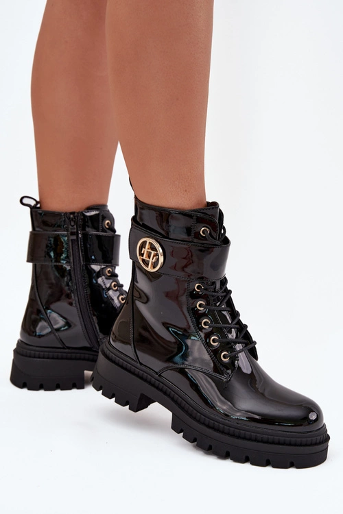 Lakierowane Botki Workery Damskie Ze Złotym Detalem Ocieplane Czarne Fiorena