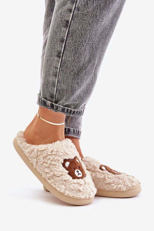 Kapcie Damskie Z Futerkiem Typu Baranek I Misiem Beżowe Temiena