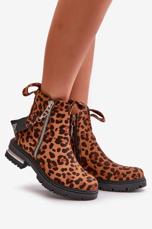 Ocieplane Botki Damskie Z Suwakiem Panterka Brązowe Calvaro