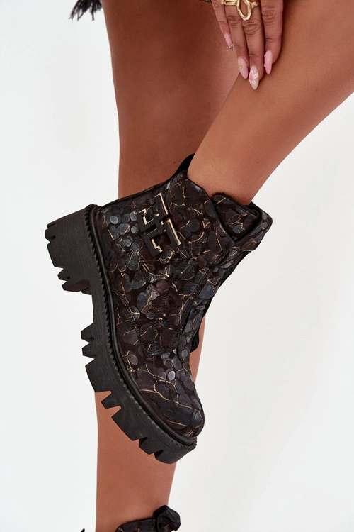 Skórzane Botki Damskie Z Ozdobą Ocieplane Artiker 57C2084 Czarno-Złote