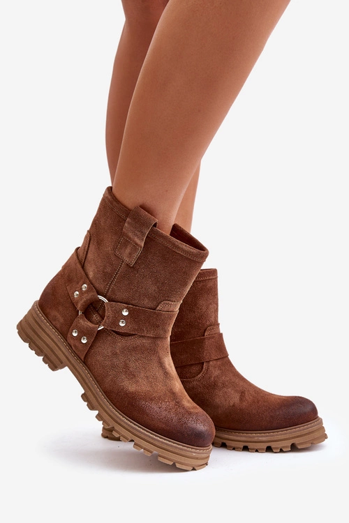 Zamszowe Botki Damskie Na Płaskim Obcasie Lewski 3610 Brązowe